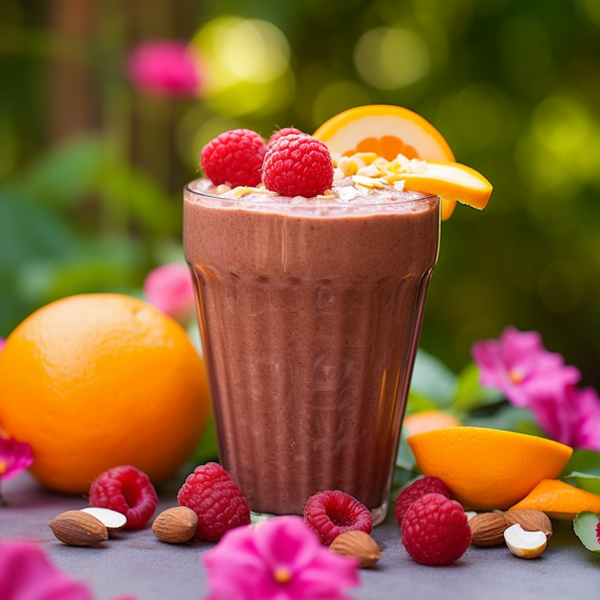 Raspberry and orange smoothie with swirls of chocolate almond spread poured into a clear glass, with fresh raspberries, oranges, and almonds placed on a solid table outdoors with blooming flowers and greenery in the background