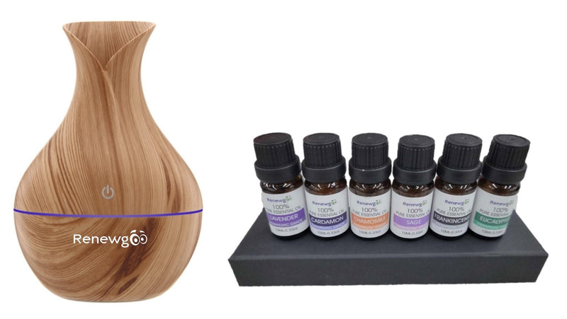 Renewgoo Ultimate Aromatherapy Bundle: Color-Changing Vase Aroma Diffuser Humidifier and Mist Maker w/ 6-Piece Essential Oils Set, Therapeutic Calm and Relaxation, Light Brown