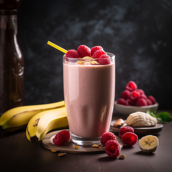 A raspberry and creamy banana smoothie with swirls of chocolate almond spiraled throughout, poured into a clear glass, with fresh raspberries and bananas