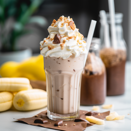 Banana Nutella Milkshake Recipe, poured into a clear glass, topped with whipped cream, at an a ice cream parlor