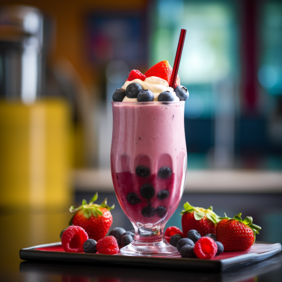 Mixed Berry Milkshake Recipe with Fresh Raspberries, Strawberries, Blueberries, poured into a clear glass, topped with a scoop of vanilla ice cream in a retro diner