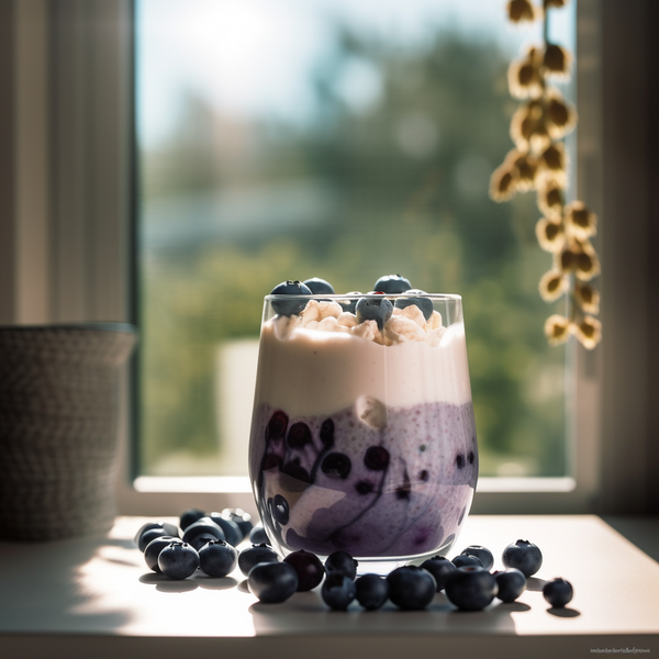 A delicious dreamy dessert smoothie with blueberries, creamy vanilla ice cream, and fluffy marshmallows, poured into a clear glass