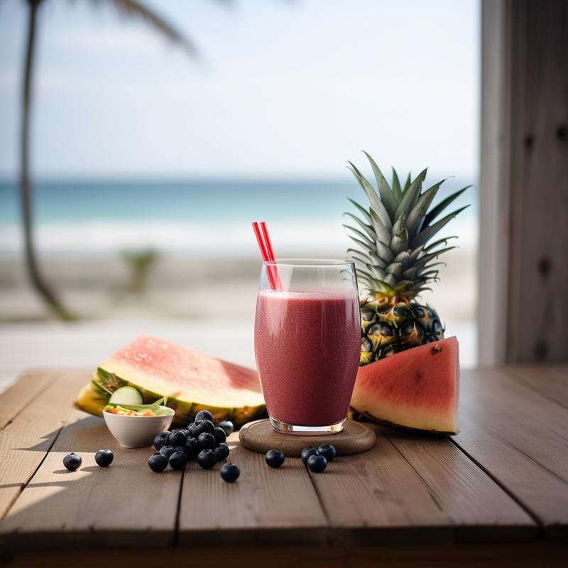 A delicious smoothie made with watermelon, pineapple, and blueberries, poured into a clear glass and placed on a marble kitchen counter, with fresh fruits and a knife beside it, highlighting the freshness and simplicity of the ingredients 