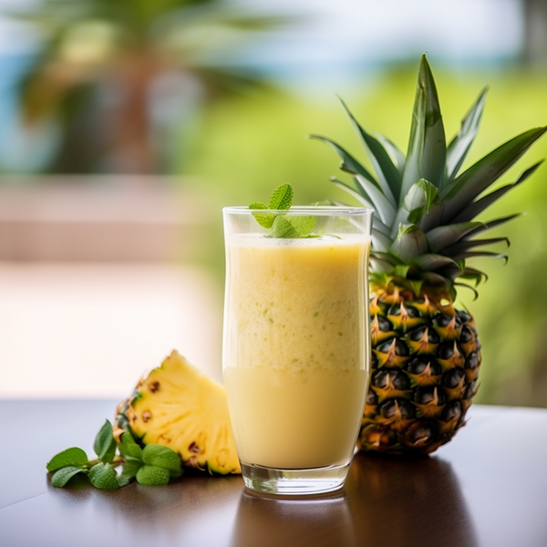a refreshing pineapple and ginger smoothie, poured into a clear glass, , adorned with fresh mint leaves and sliced pineapples, with a background of a tropical paradise with swaying palm trees and crystal clear waters