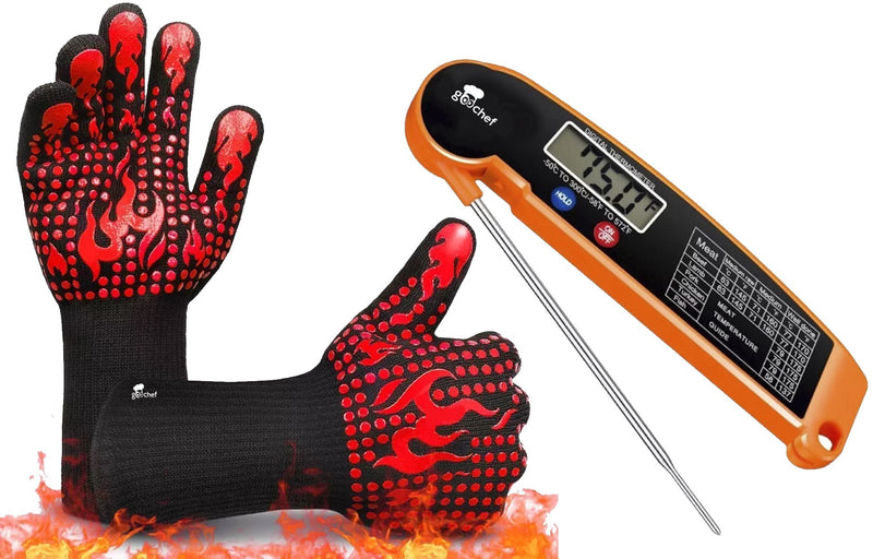 Renewgoo GooChef FlameOn BBQ Grilling Bundle with Heat Resistant Silicone Gloves Oven Mitts and Instant Read Digital Wireless Kitchen Meat Thermometer, Cooking, Baking, Smoking