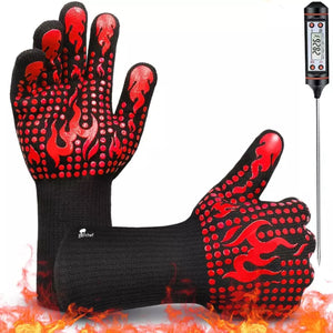 GooChef FlameOn BBQ Grilling Gloves Silicone Heat Resistant Oven Mitts to 1472°F / 800°C, Kitchen Grill Non-Slip Barbecue, Cooking, Baking, Smoking Meat, Black/Red by Renewgoo