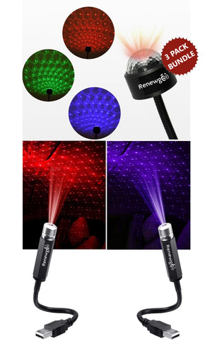 3-PACK Renewgoo DJ GooMagic Strobe Laser Ball Mini Disco USB Light Projector Neon Party Car Lamp Roof Interior Light, Red/Green/Blue, Red, Purple Each