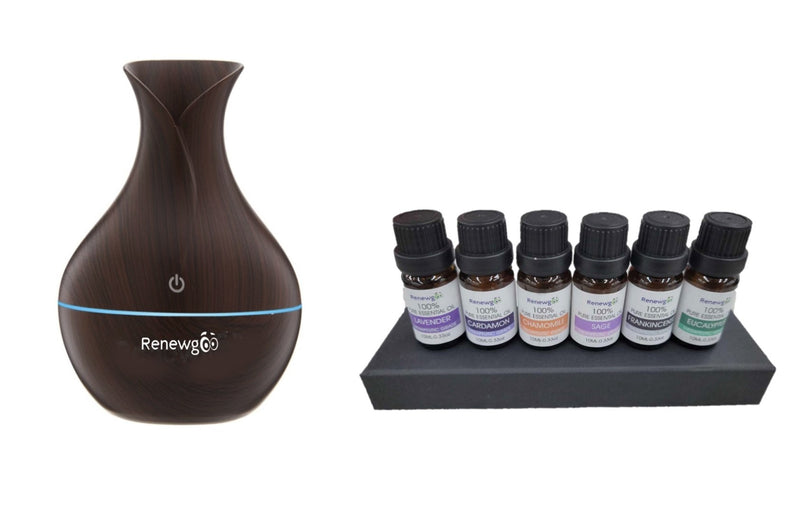 Renewgoo Ultimate Aromatherapy Bundle: Color-Changing Vase Aroma Diffuser Humidifier and Mist Maker with 6-Piece Essential Oils Set, Therapeutic Calm and Relaxation, Dark Brown