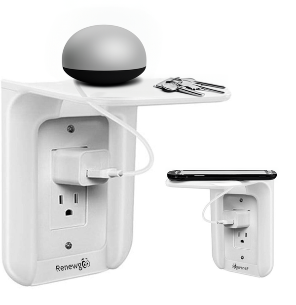 Renewgoo Wall Outlet Shelf Stand Holder for Space Saving Organization, Smart Organizer to Plug In Speakers, Phone, Toothbrush in Bathroom, Kitchen, Bedroom, White