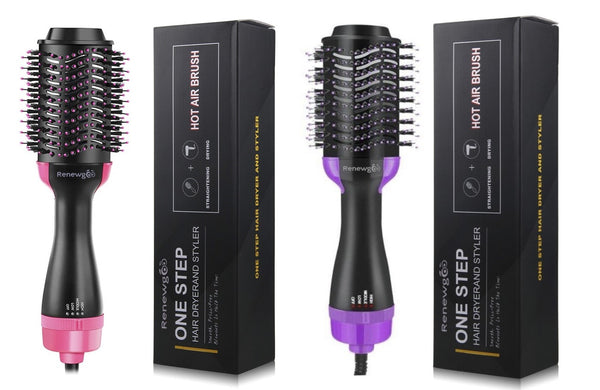 Renewgoo Hot Air Brush Hair Drying One Step 3-in-1 Professional Blower, Straightener Brush and Blow Dryer, Styling & Volumizing, Purple or Pink