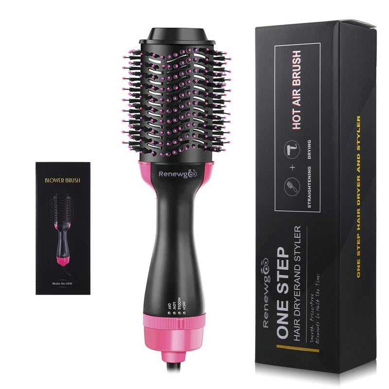 Renewgoo Hot Air Brush Hair Drying One Step 3-in-1 Professional Blower, Straightener Brush and Blow Dryer, Styling & Volumizing, Pink