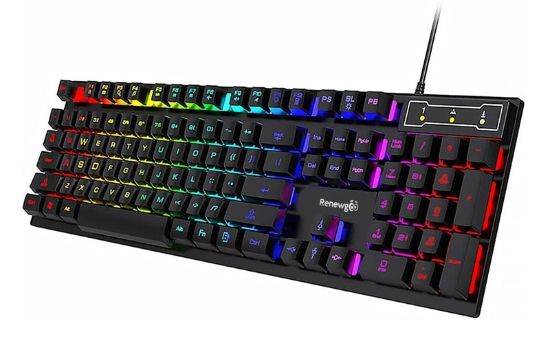 Renewgoo GooGamer Gaming Computer Keyboard with LED Rainbow Gradient Backlight, Waterproof Ergonomic Design for Esports PC, Mac, Desktops, & Laptops, Black