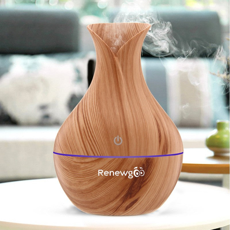 Renewgoo Color-Changing Vase Aroma Diffuser Essential Oil Humidifier and Mist Maker, Ultimate Aromatherapy, Therapeutic Calm Relaxation, Wood-Look, Light Brown