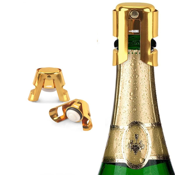 BarBinge Champagne Cork Stopper Cap Portable Sparkling Wine Bottle Prosecco Cava Stainless Steel Sealer Plug Clamps Bar Kitchen Gadget, Gold