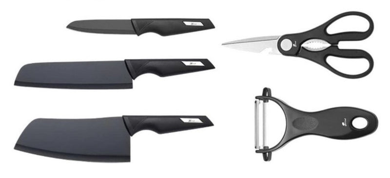 5-piece set includes one piece each of meat cleaver multi-purpose knife, fruit knife, fruit & veggie peeler, and paring scissors