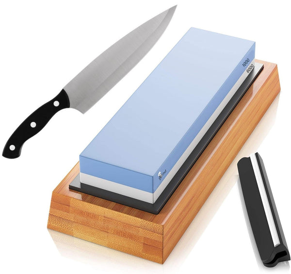 GooChef Knife Sharpener Stone Premium Professional Grade Sharpening Whetstone, 1000/6000 Grit, Non-Slip Bamboo Base, Angle Guide, Sharp Blade, Wet Dual-Side, Blue by Renewgoo
